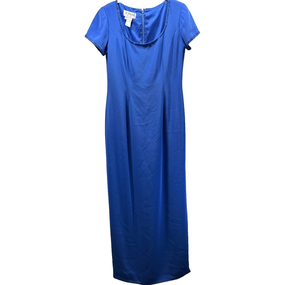 Jovani Women's Maxi Dress Size 8 Solid Royal Blue Front Slit Shoulder Pads Y2K